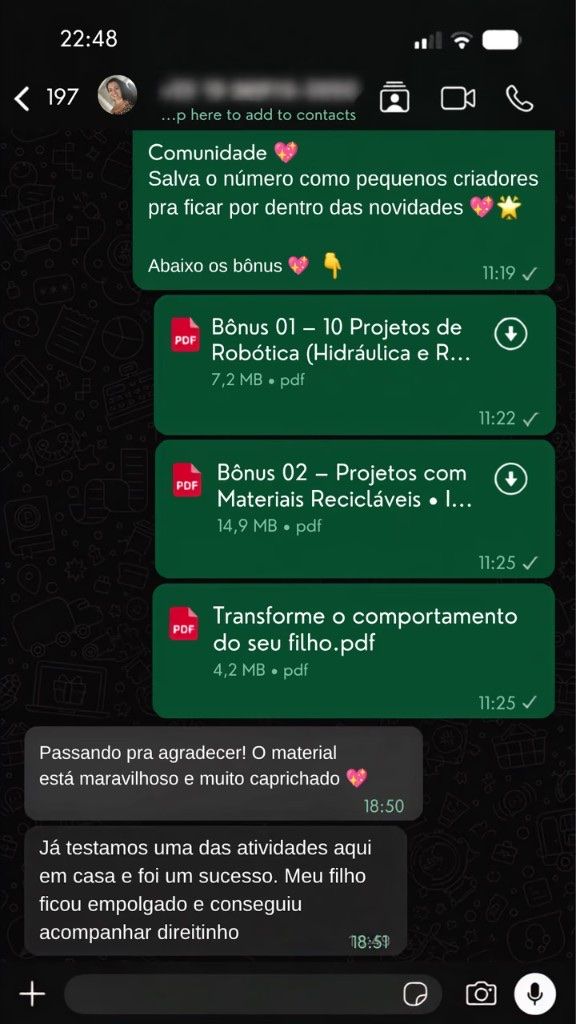 Conversa no WhatsApp em que a cliente agradece o material e conta que o filho acompanhou a atividade