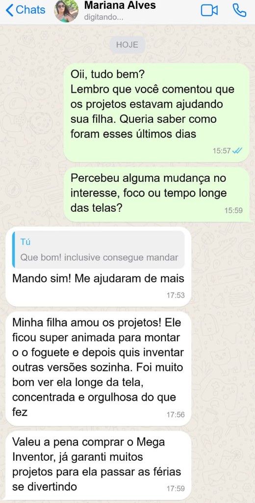 Conversa no WhatsApp da Mariana Alves sobre a filha que montou o foguete e o Kit Mega Inventor