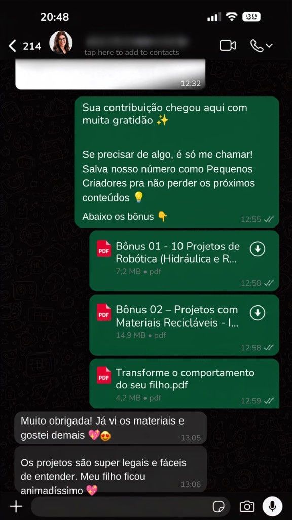 Conversa no WhatsApp em que a cliente agradece e diz que o filho ficou animado com os projetos