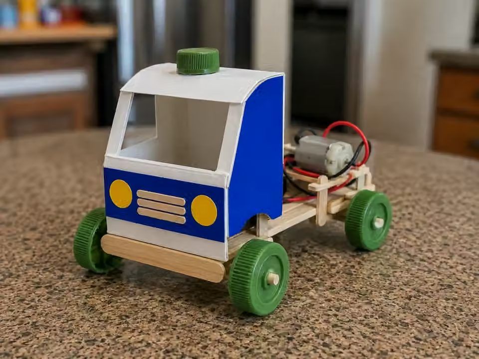 Caminhão de papelão azul com motor e rodas de tampinha verde