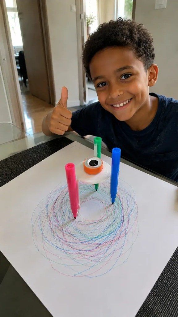 Menino sorrindo ao lado de um robô desenhista feito com canetinhas