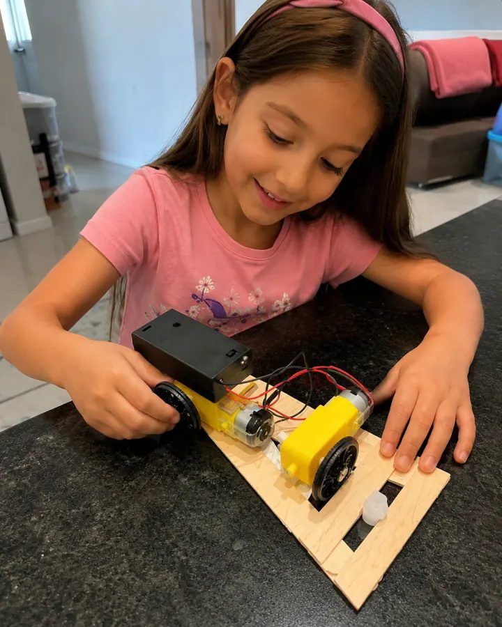 Menina montando um carrinho de madeira com motor e fios