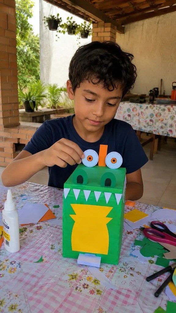 Menino colando os olhos de uma lixeira jacaré de papelão