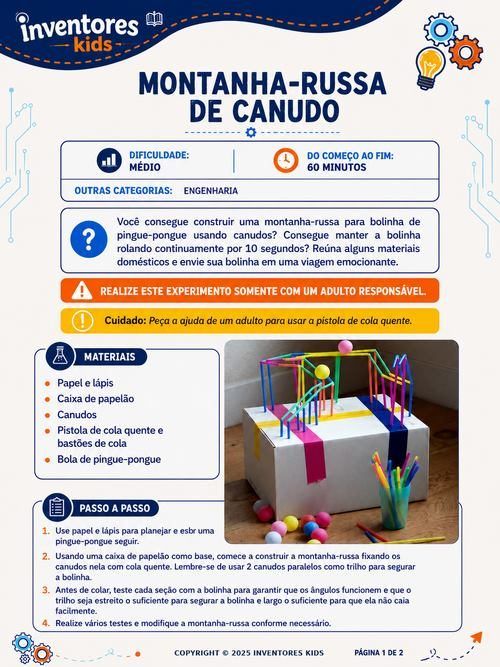 Página do projeto Montanha-russa de canudo, com lista de materiais e passo a passo