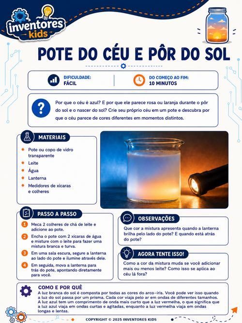 Página do experimento Pote do céu e pôr do sol, com leite, água e lanterna